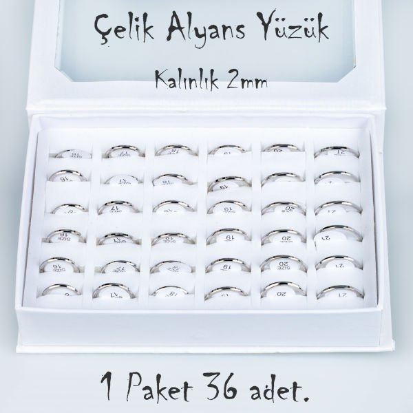 Çelik Alyans Yüzük Paket 36 Adet 2,3,4,5mm Kalınlık Seçeneği Boy: 2mm