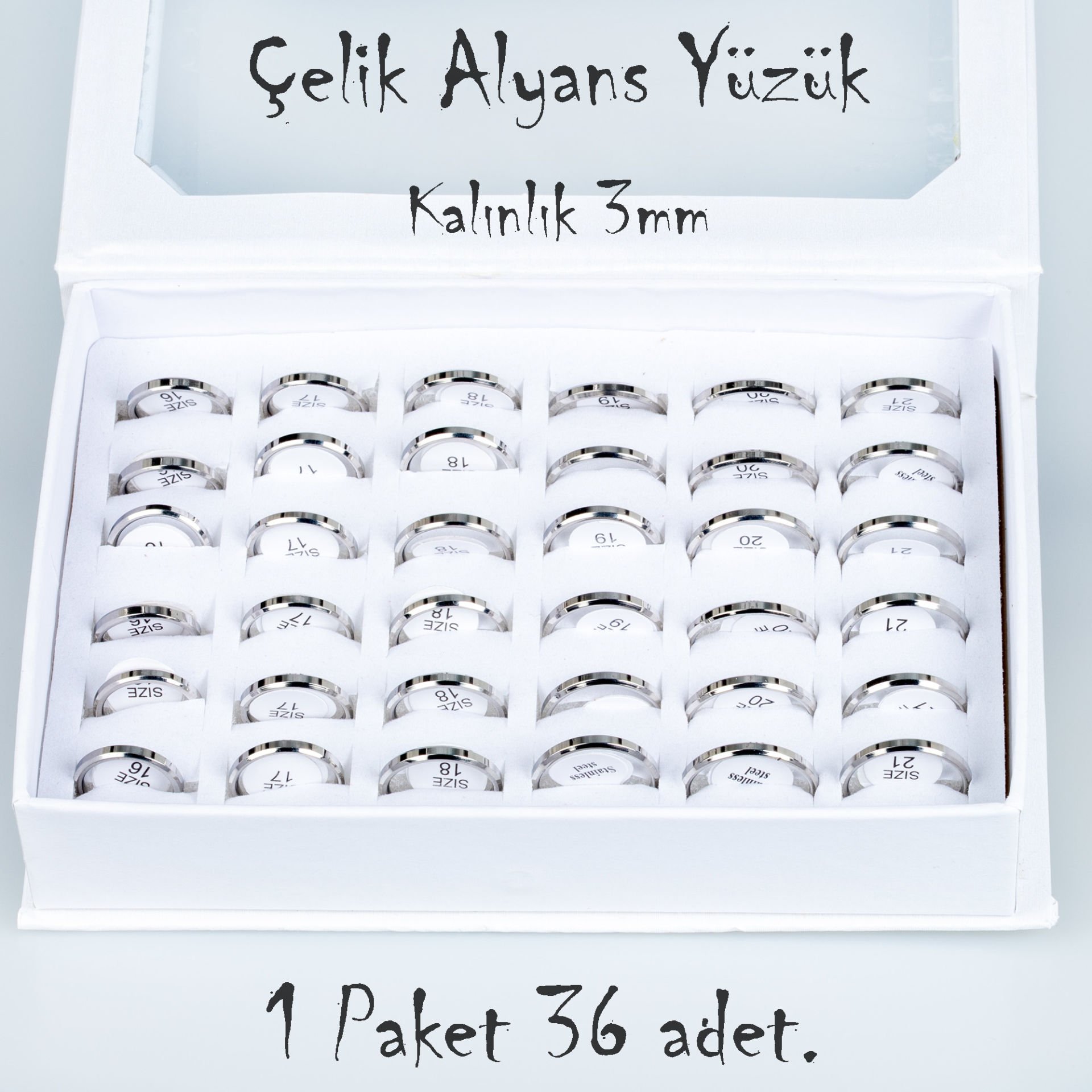 Çelik Alyans Yüzük Paket 36 Adet 2,3,4,5mm Kalınlık Seçeneği Boy: 3mm