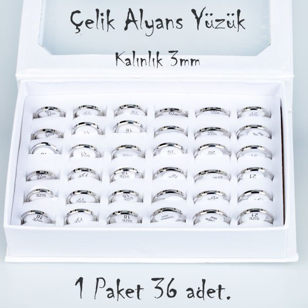 Çelik Alyans Yüzük Paket 36 Adet 2,3,4,5mm Kalınlık Seçeneği Boy: 3mm