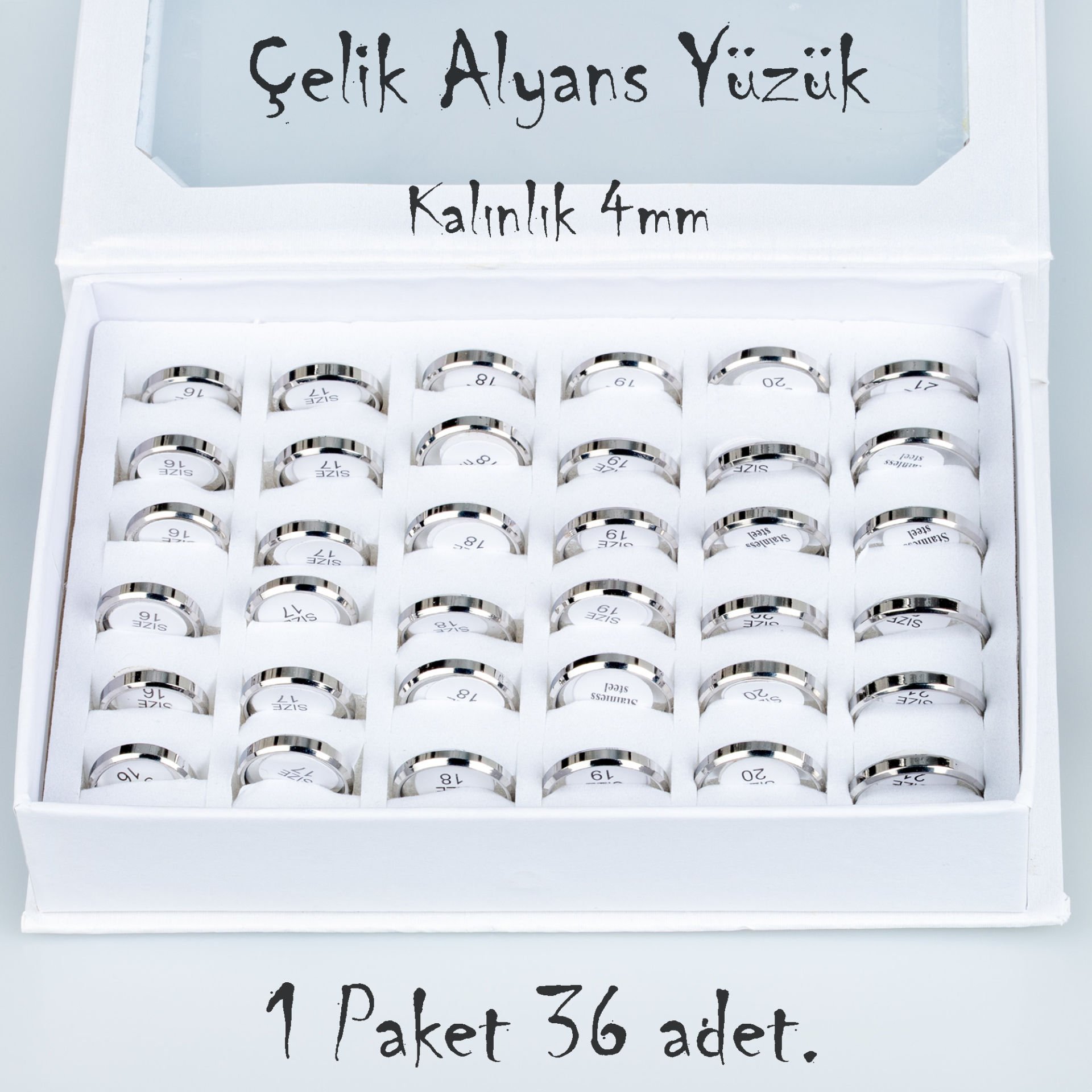 Çelik Alyans Yüzük Paket 36 Adet 2,3,4,5mm Kalınlık Seçeneği Boy: 4mm