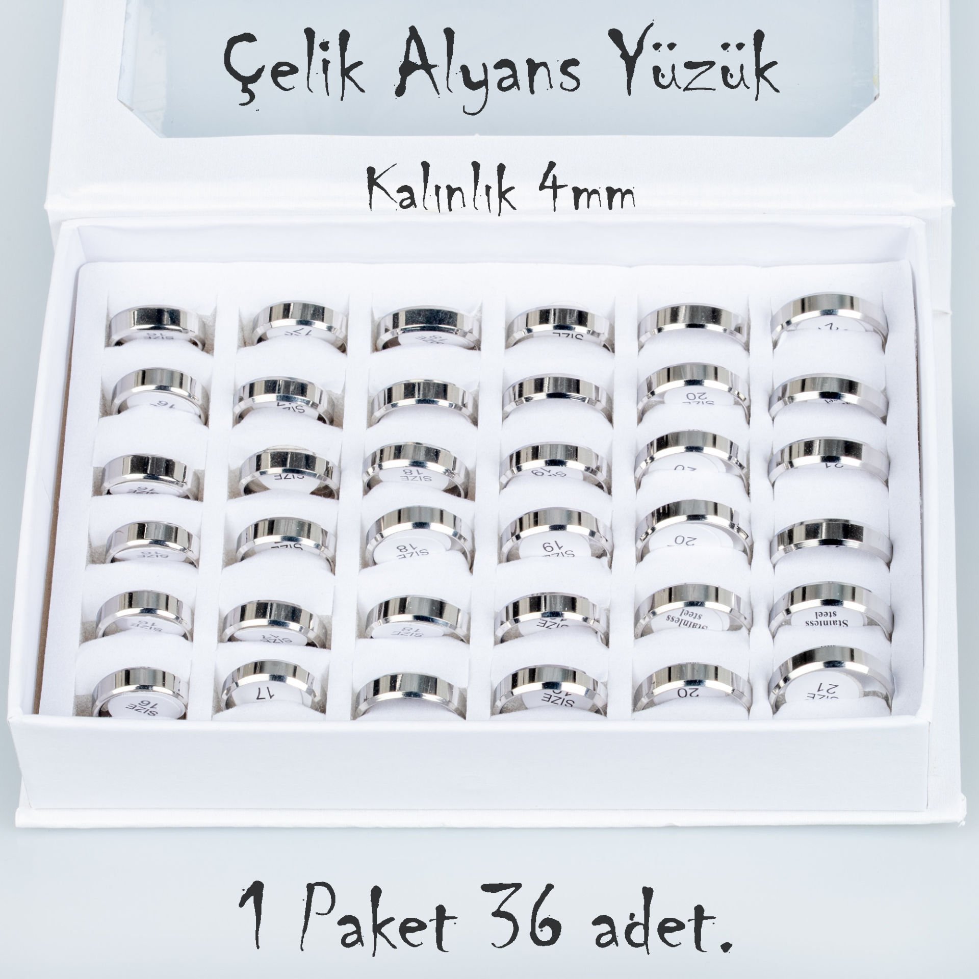 Çelik Alyans Yüzük Paket 36 Adet 2,3,4,5mm Kalınlık Seçeneği Boy: 5mm