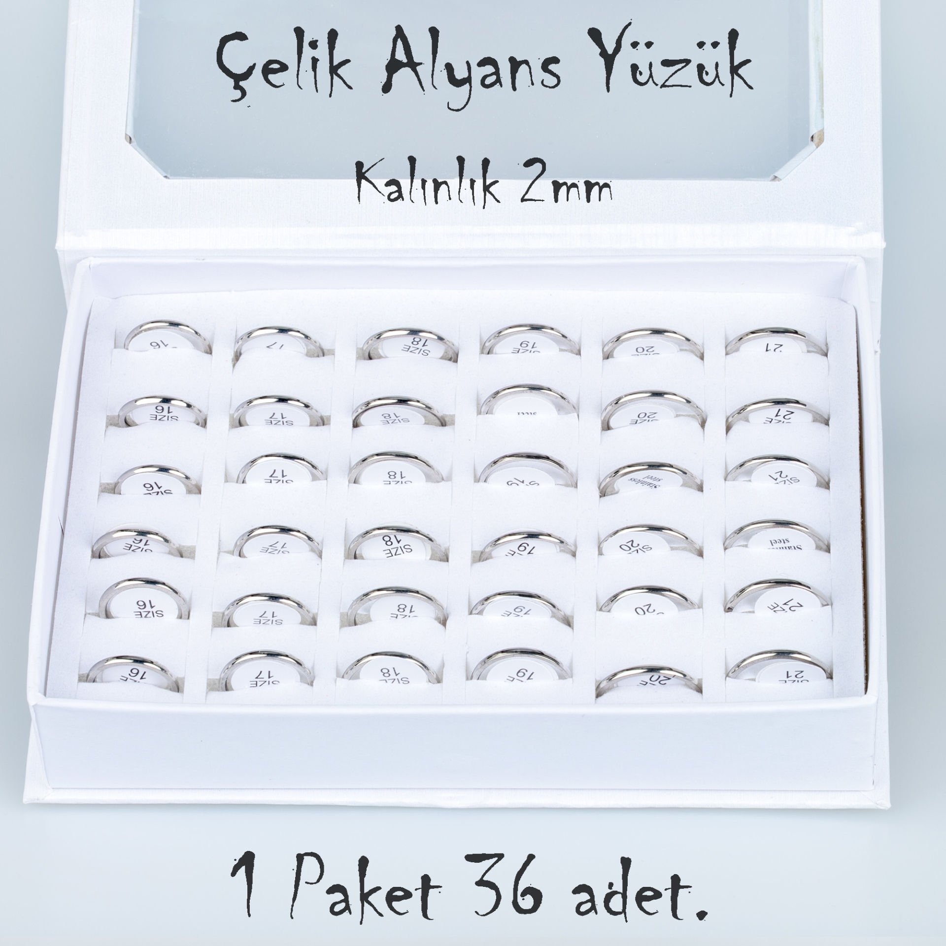 Çelik Alyans Yüzük Paket 36 Adet 2,3,4,5mm Kalınlık Seçeneği Boy: 2mm