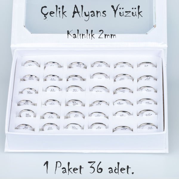 Çelik Alyans Yüzük Paket 36 Adet 2,3,4,5mm Kalınlık Seçeneği Boy: 2mm
