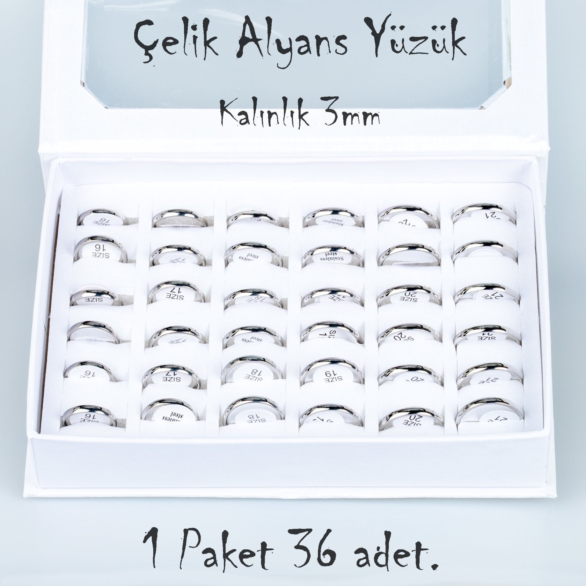 Çelik Alyans Yüzük Paket 36 Adet 2,3,4,5mm Kalınlık Seçeneği Boy: 3mm