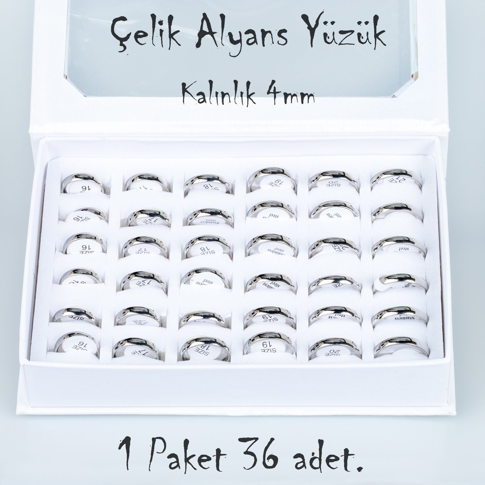 Çelik Alyans Yüzük Paket 36 Adet 2,3,4,5mm Kalınlık Seçeneği Boy: 4mm