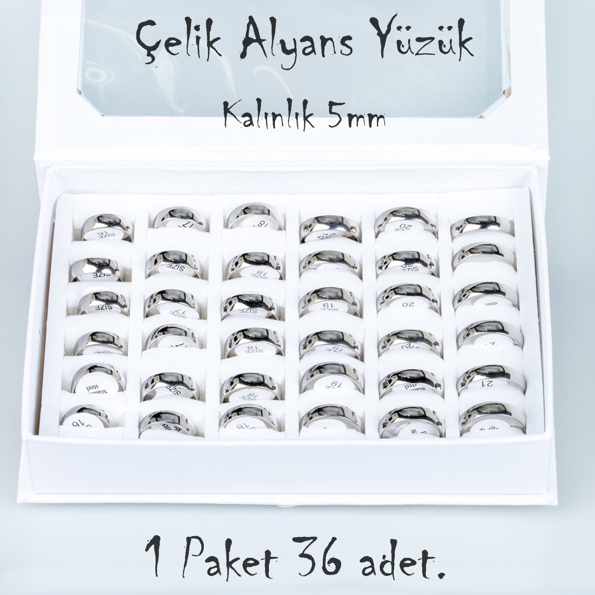 Çelik Alyans Yüzük Paket 36 Adet 2,3,4,5mm Kalınlık Seçeneği Boy: 5mm