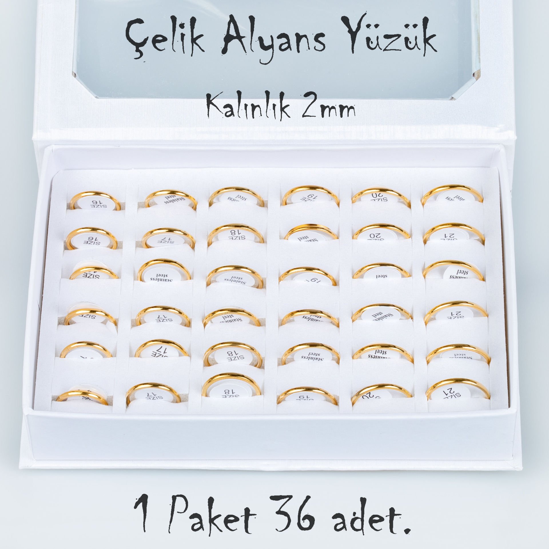 Çelik Alyans Yüzük Paket 36 Adet 2,3,4,5mm Kalınlık Seçeneği Boy: 2mm