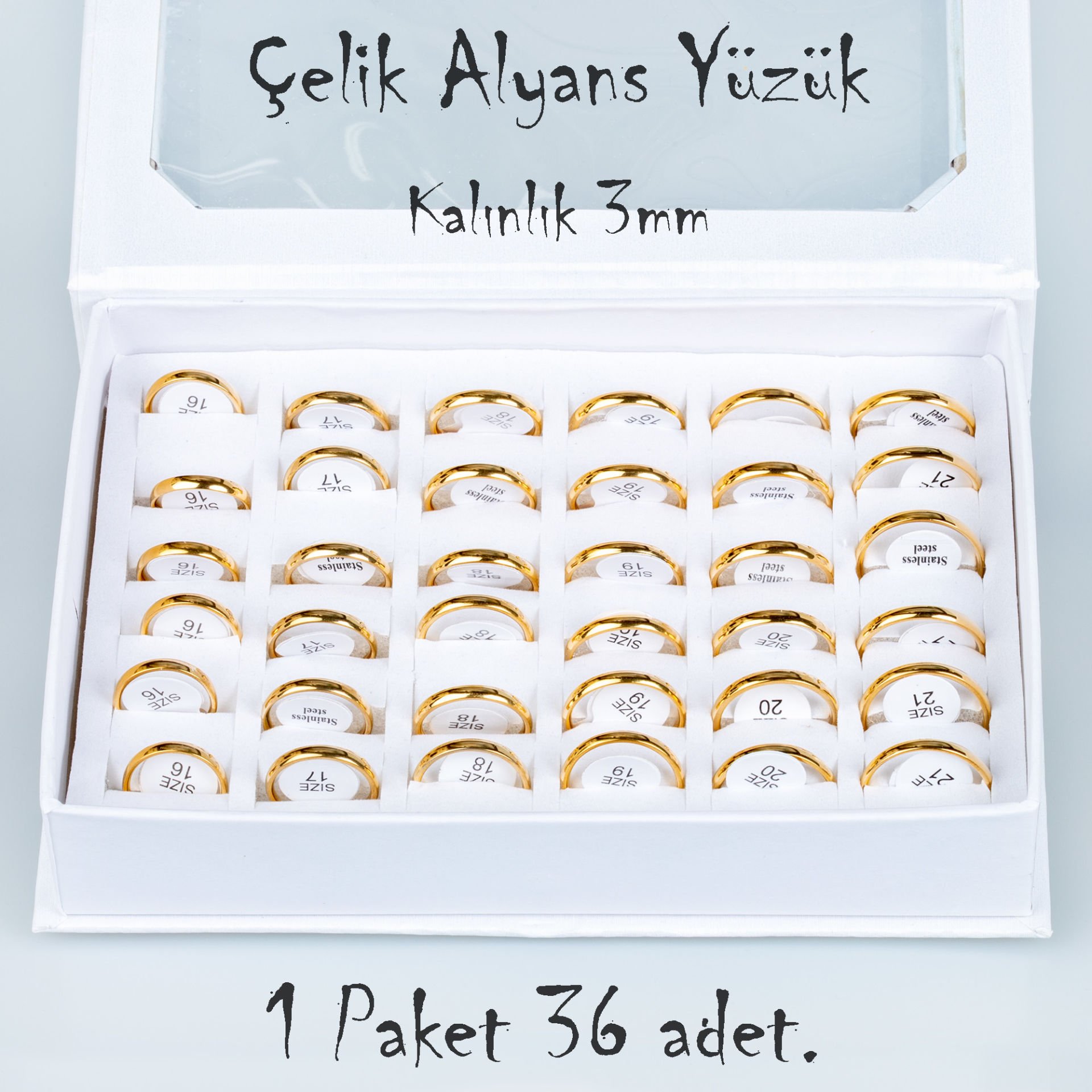 Çelik Alyans Yüzük Paket 36 Adet 2,3,4,5mm Kalınlık Seçeneği Boy: 3mm