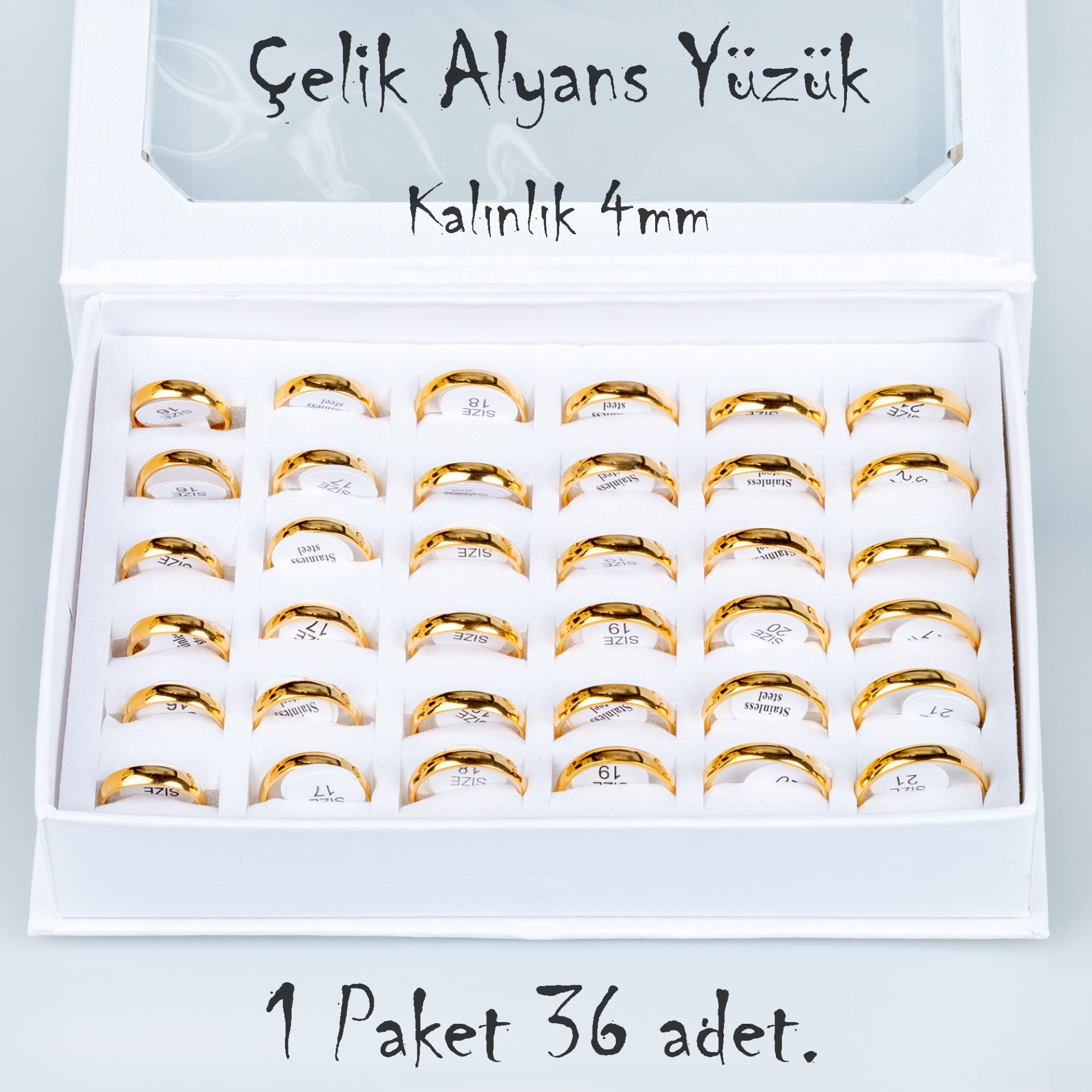 Çelik Alyans Yüzük Paket 36 Adet 2,3,4,5mm Kalınlık Seçeneği Boy: 4mm