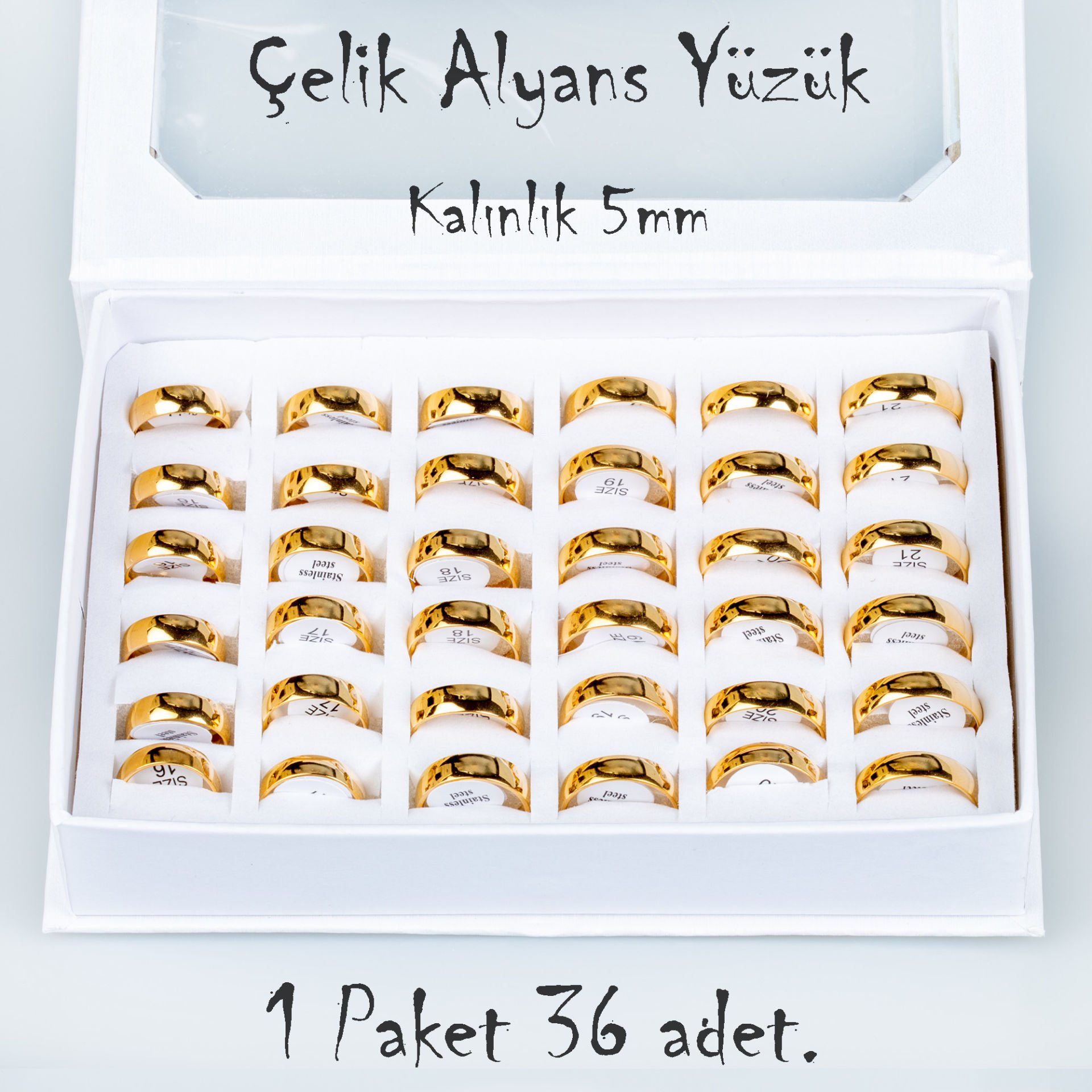 Çelik Alyans Yüzük Paket 36 Adet 2,3,4,5mm Kalınlık Seçeneği Boy: 5mm