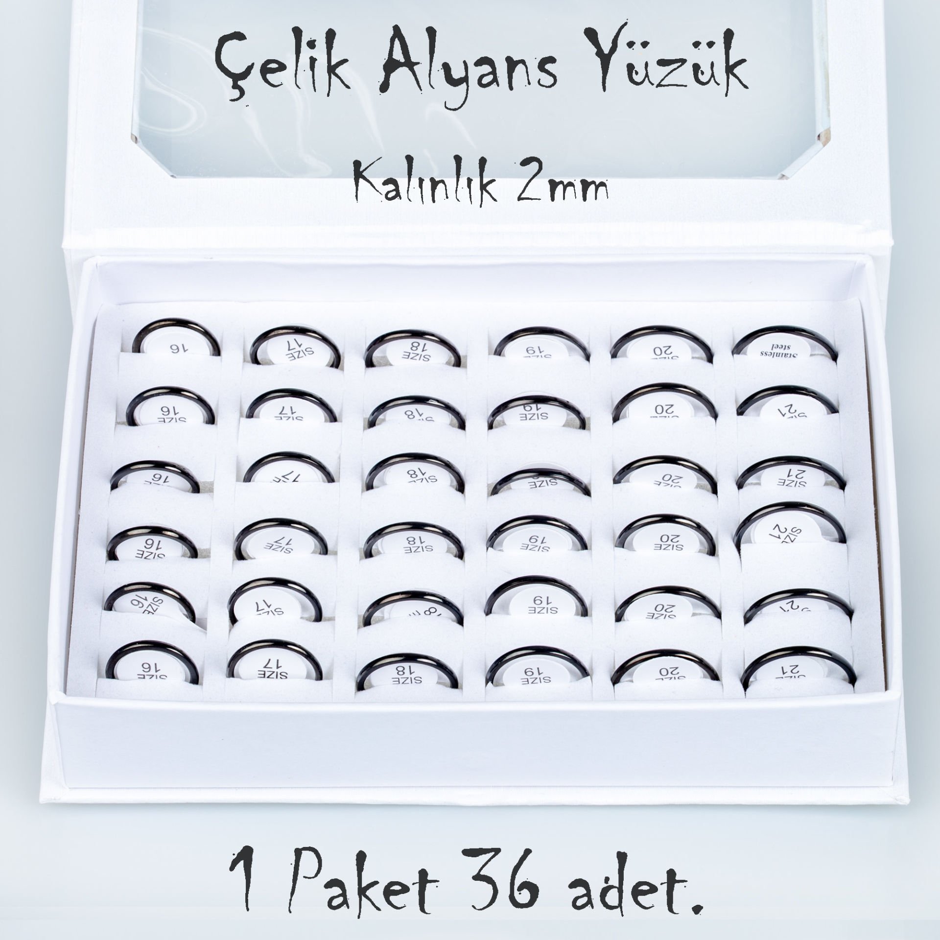 Çelik Alyans Yüzük Paket 36 Adet 2,3,4,5mm Kalınlık Seçeneği Boy: 2mm