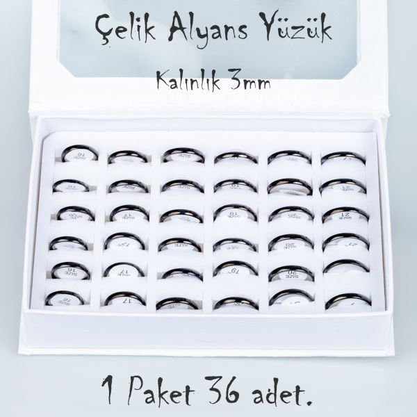 Çelik Alyans Yüzük Paket 36 Adet 2,3,4,5mm Kalınlık Seçeneği Boy: 3mm