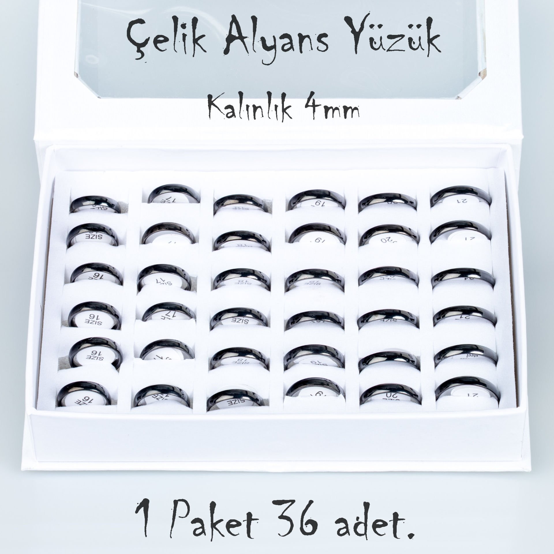Çelik Alyans Yüzük Paket 36 Adet 2,3,4,5mm Kalınlık Seçeneği Boy: 4mm