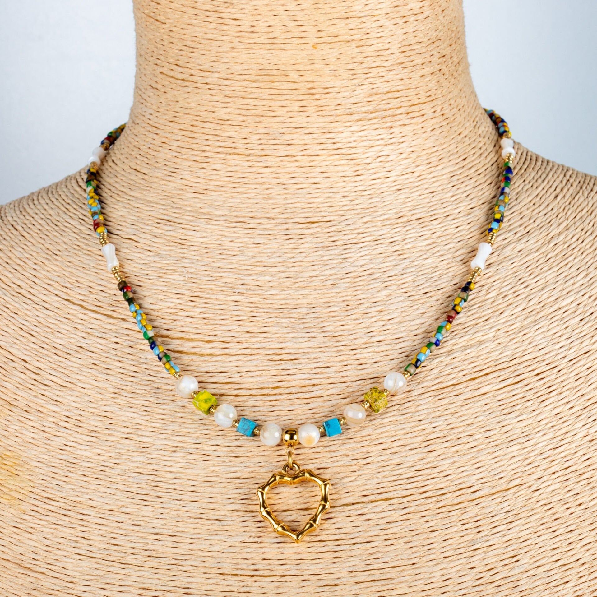 Etnik Çelik Doğal Taş Kolye Kalp