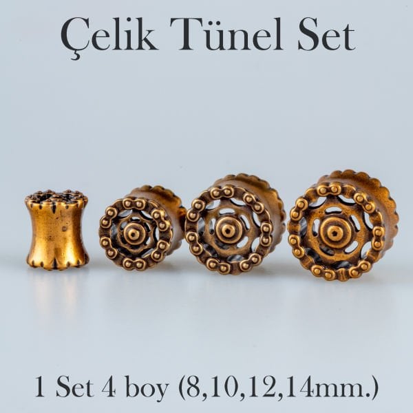 Piercing Çelik Tunel Gotik Zincir Dişli 1 Set 4 Boy