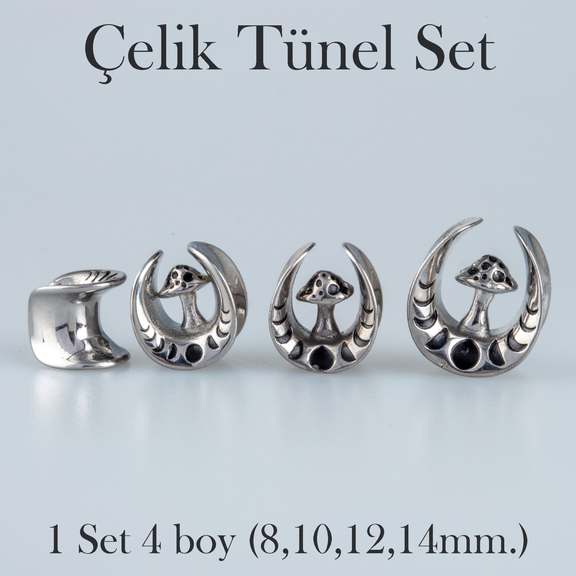 Piercing Çelik Tunel Gotik Mantar 1 Set 4 Boy