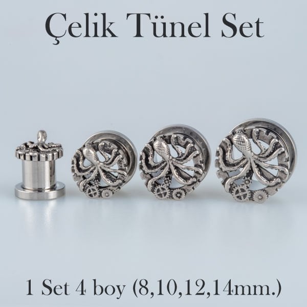Piercing Çelik Tunel Gotik Ahtapot 1 Set 4 Boy