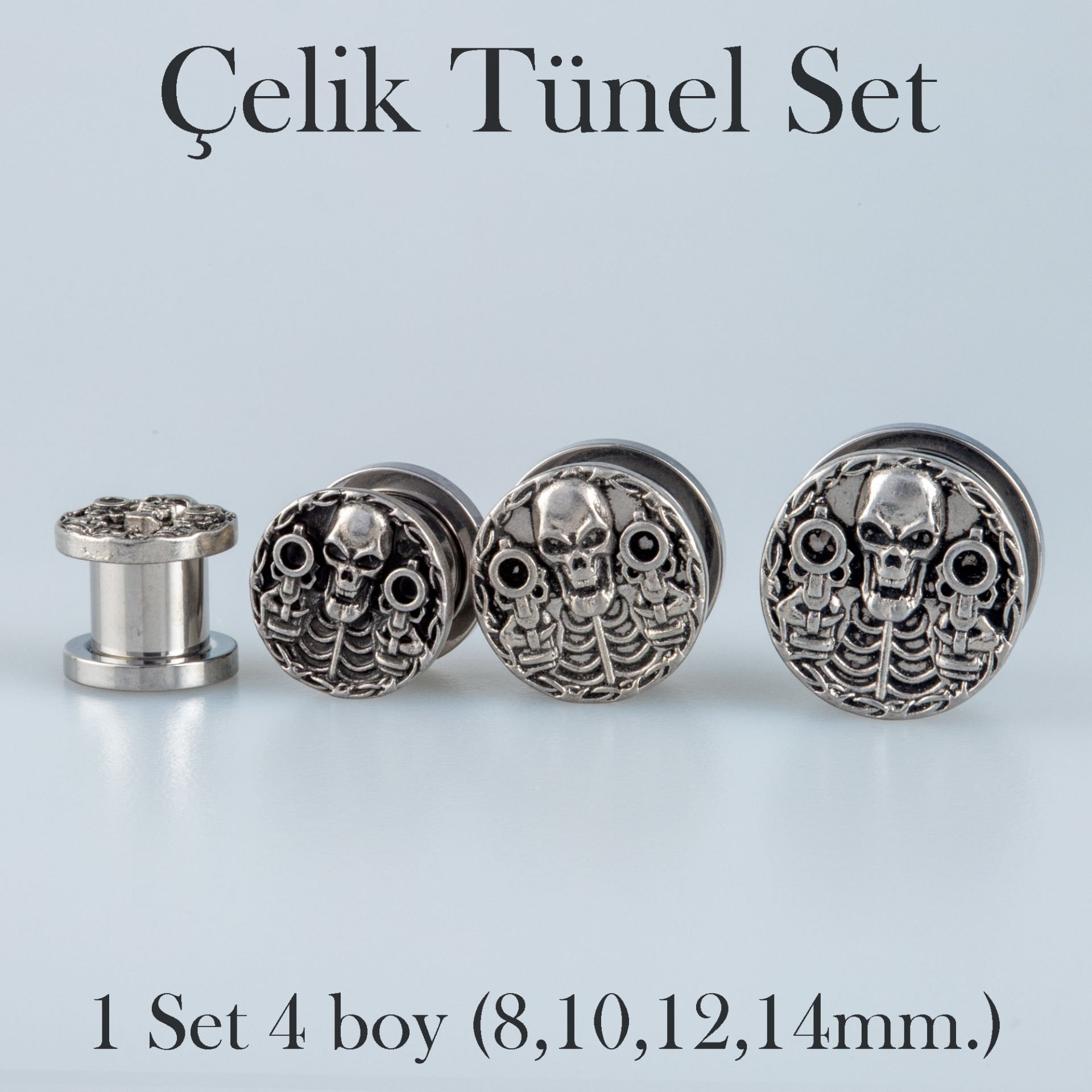 Piercing Çelik Tunel Gotik Kuru Kafa 1 Set 4 Boy