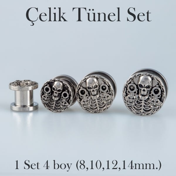 Piercing Çelik Tunel Gotik Kuru Kafa 1 Set 4 Boy