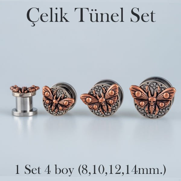 Piercing Çelik Tunel Gotik Kelebek 1 Set 4 Boy