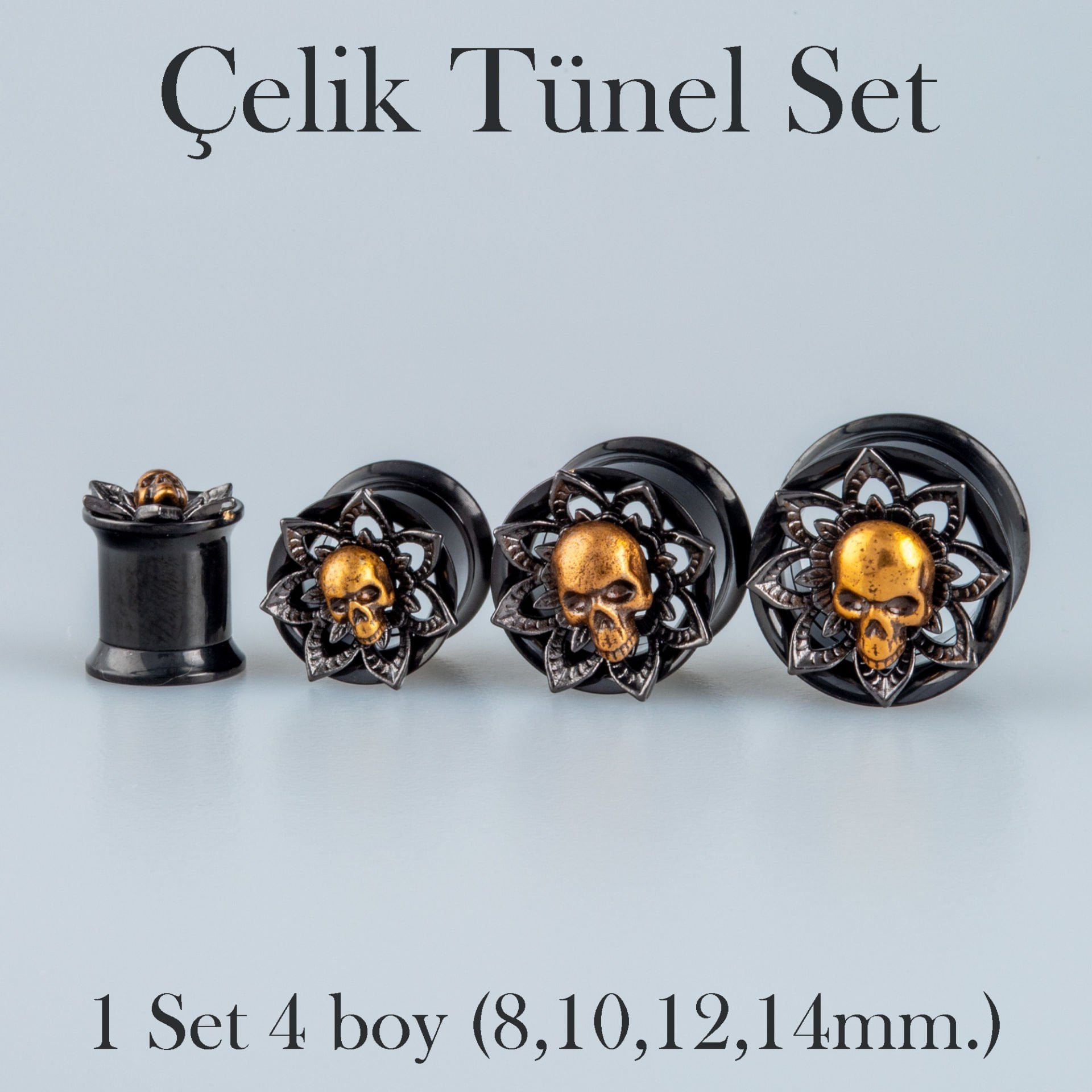Piercing Çelik Tunel Gotik Kuru Kafa 1 Set 4 Boy
