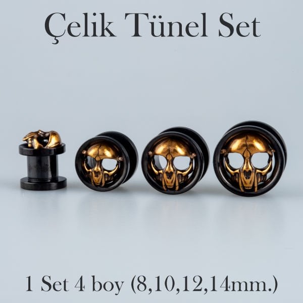 Piercing Çelik Tunel Gotik Kuru Kafa 1 Set 4 Boy
