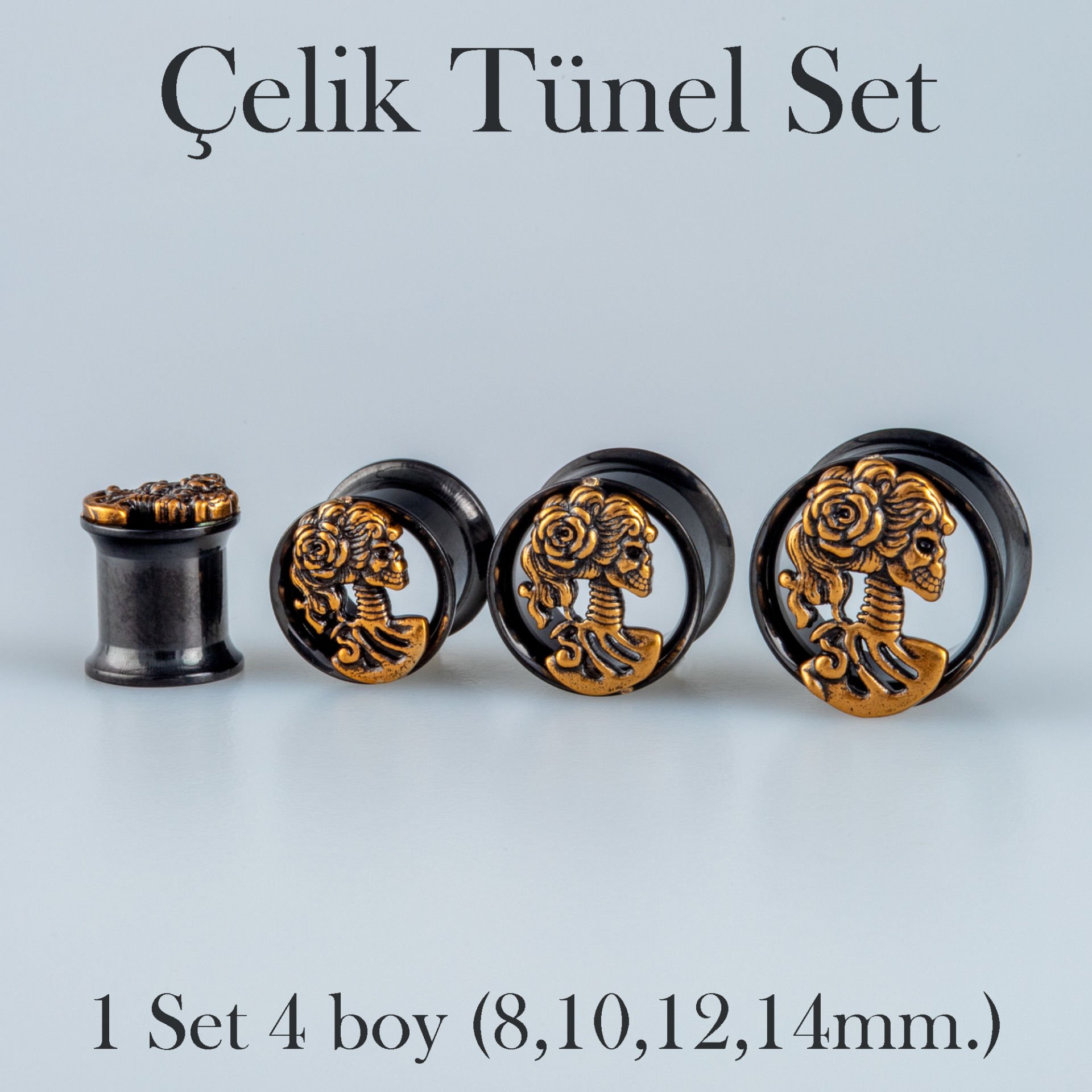 Piercing Çelik Tunel Gotik Kuru Kafa 1 Set 4 Boy