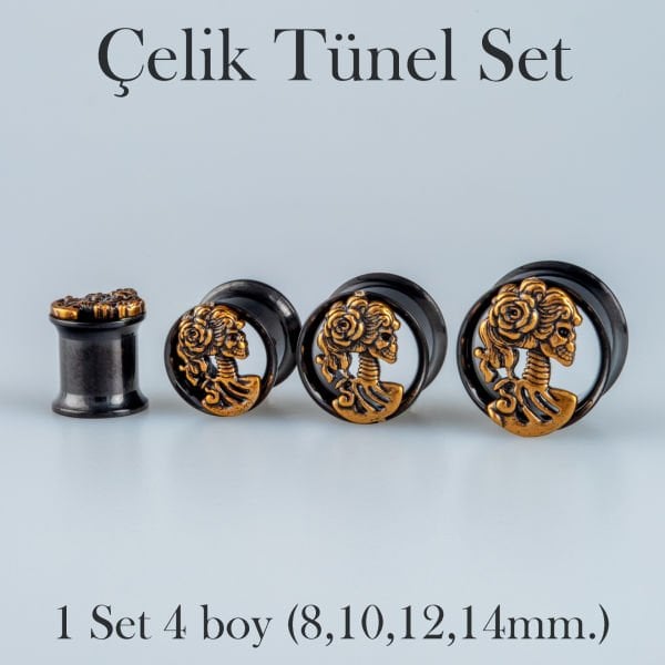 Piercing Çelik Tunel Gotik Kuru Kafa 1 Set 4 Boy