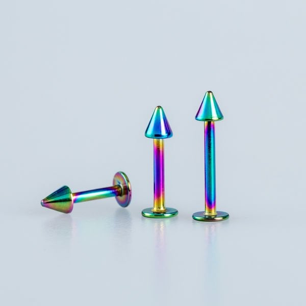 Toptan 316L Çelik Piercing Labret 3mm Spike Rainbow Bar Boyu: 6mm