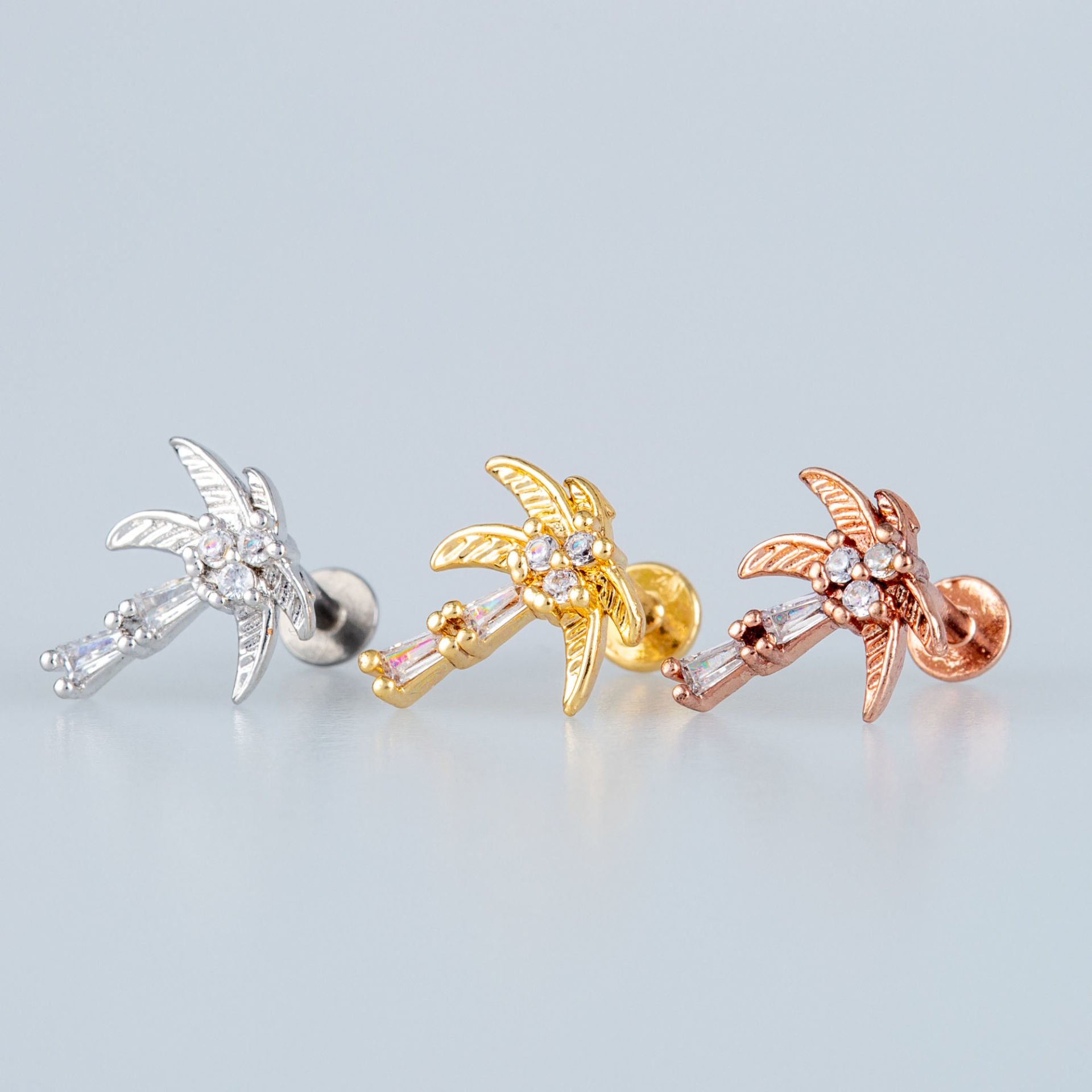 Toptan 316L Çelik Barlı Piercing Tragus Palmiye Obje Pirinç