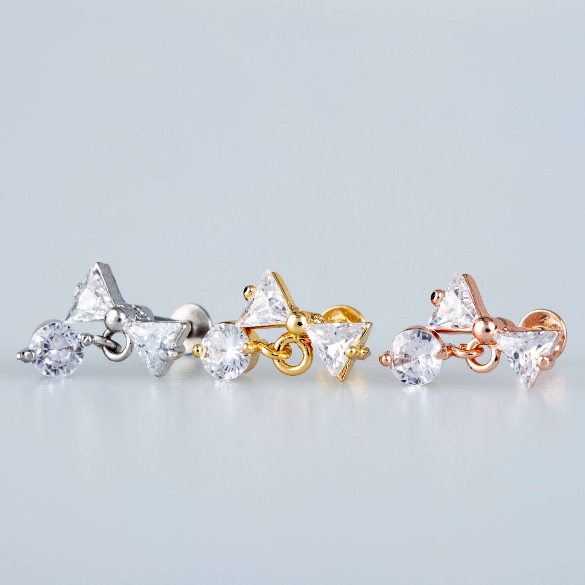 Toptan Zirkon Taşlı Üçgen Kombinasyonlu Pirinç Labret Piercing Beyaz 6mm