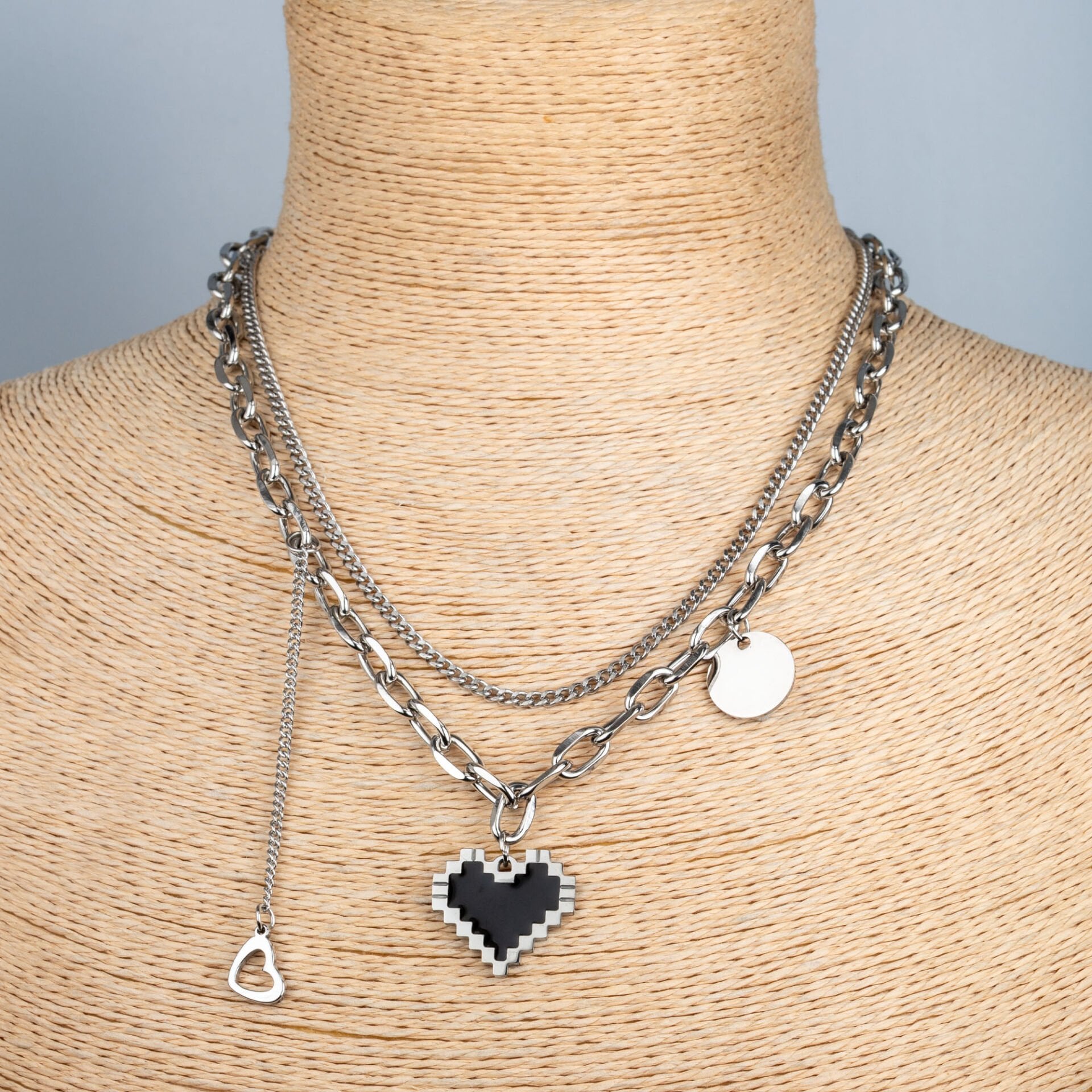 Çelik Zincir Kolye Pixel Kalp