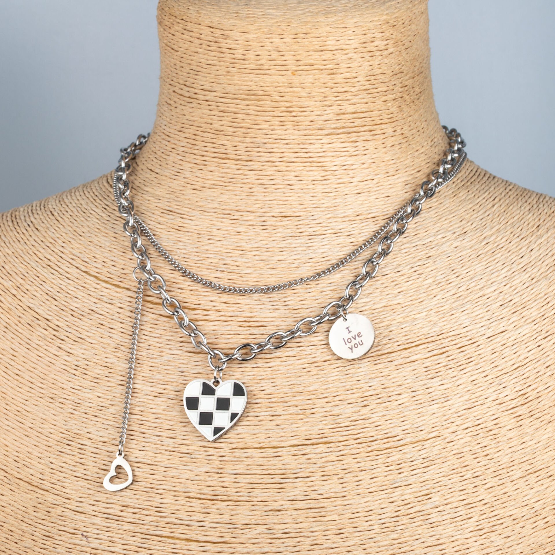 Çelik Zincir Kolye Damalı Kalp