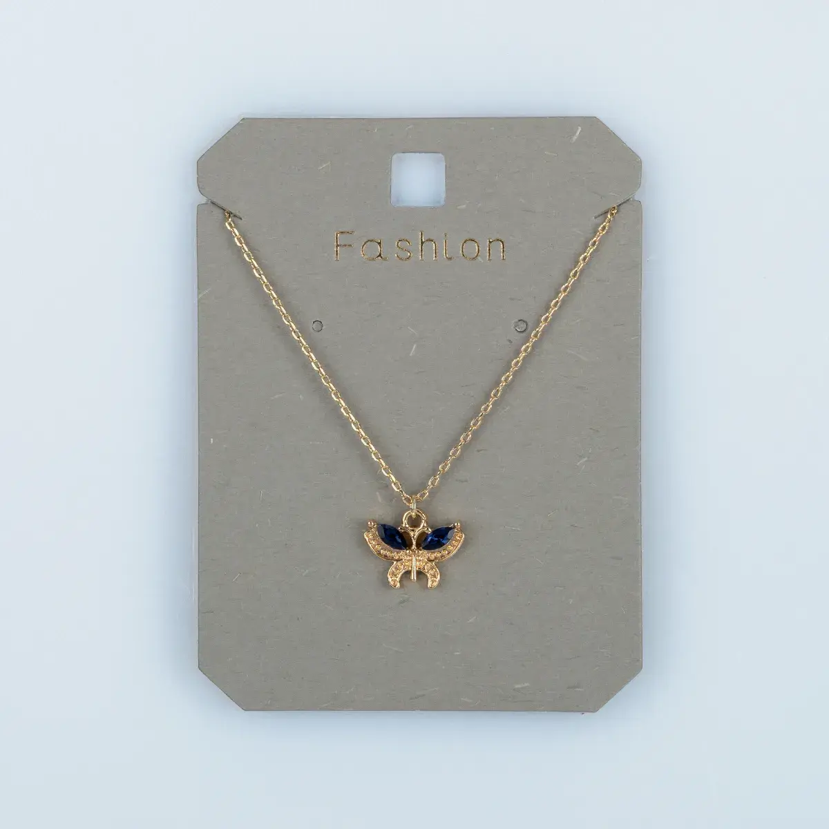 Toptan Kadın Vos Jewelry 14K Altın Kaplama Safir Mavi Mekik Taşlı Kelebek Kolye