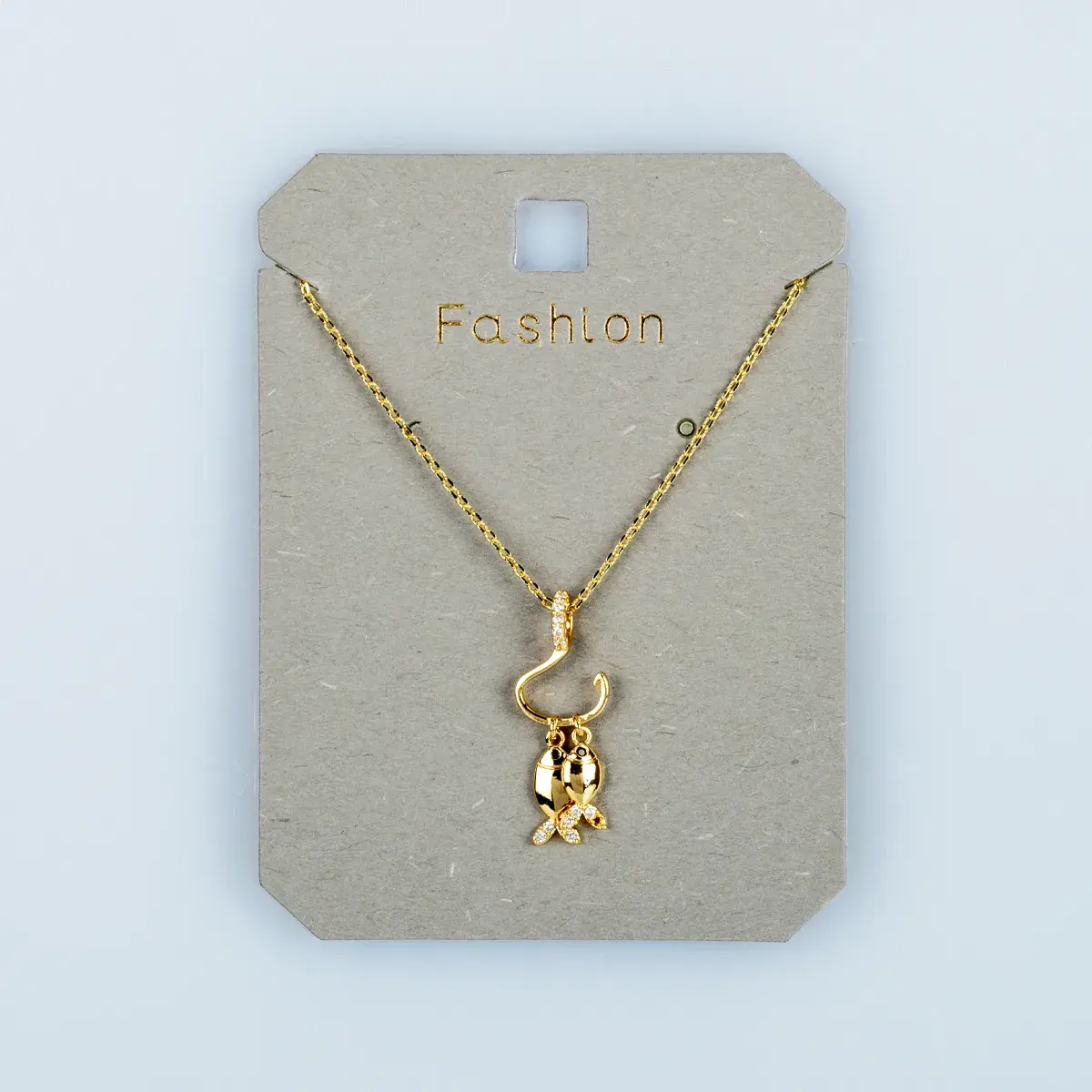Toptan Kadın Vos Jewelry 14K Altın Kaplama Taşlı İkili Şans Balığı Kolye