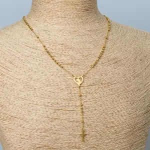 Toptan Gold Kalp Detaylı Çelik Rosary Kolye